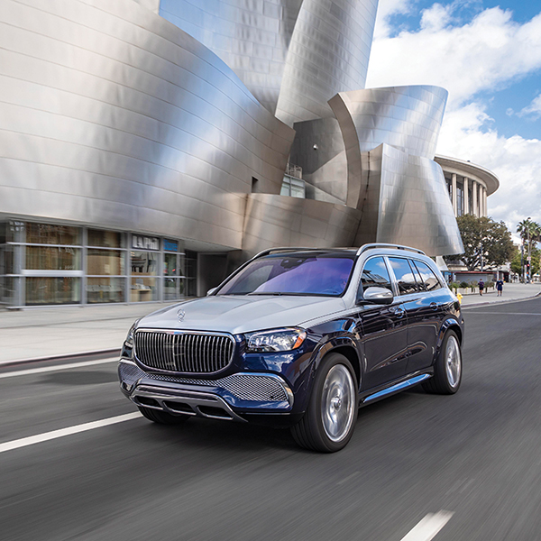 Mercedes-Maybach GLS600 SUV driving past Frank Gehry’s Disney Concert Hall